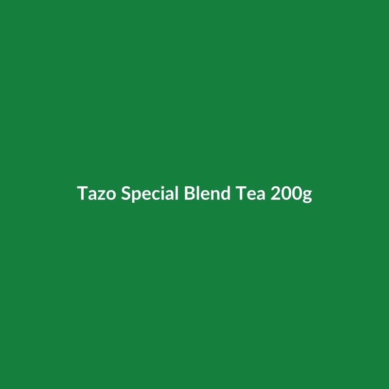 Tazo Special Blend Tea 200g package, featuring the Tazo logo and indicating it's a vegan product from India.