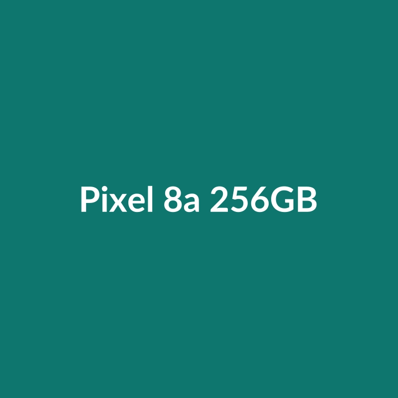 Google Pixel 8a 256GB smartphone in Red, Purple, and Green colors, showcasing its 50MP camera and large display.