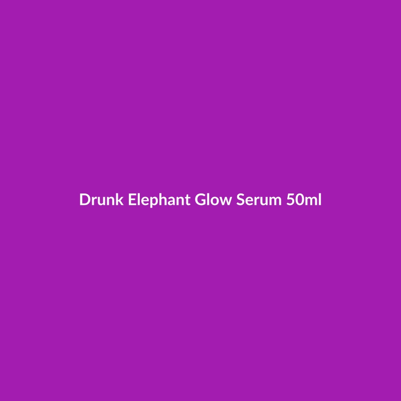 Drunk Elephant Glow Serum 50ml bottle, featuring key ingredients like Hyaluronic Acid and Peptides for hydration and fine line reduction.