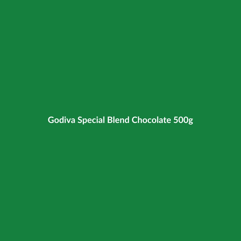 Godiva Special Blend Chocolate 500g bag, featuring organic, vegan, and gluten-free certification.