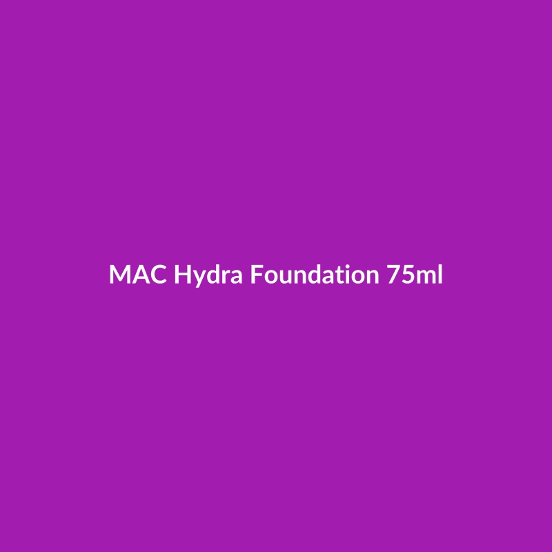 MAC Hydra Foundation 75ml bottle, formulated for oily skin with ingredients like Hyaluronic Acid and Salicylic Acid to address pores.