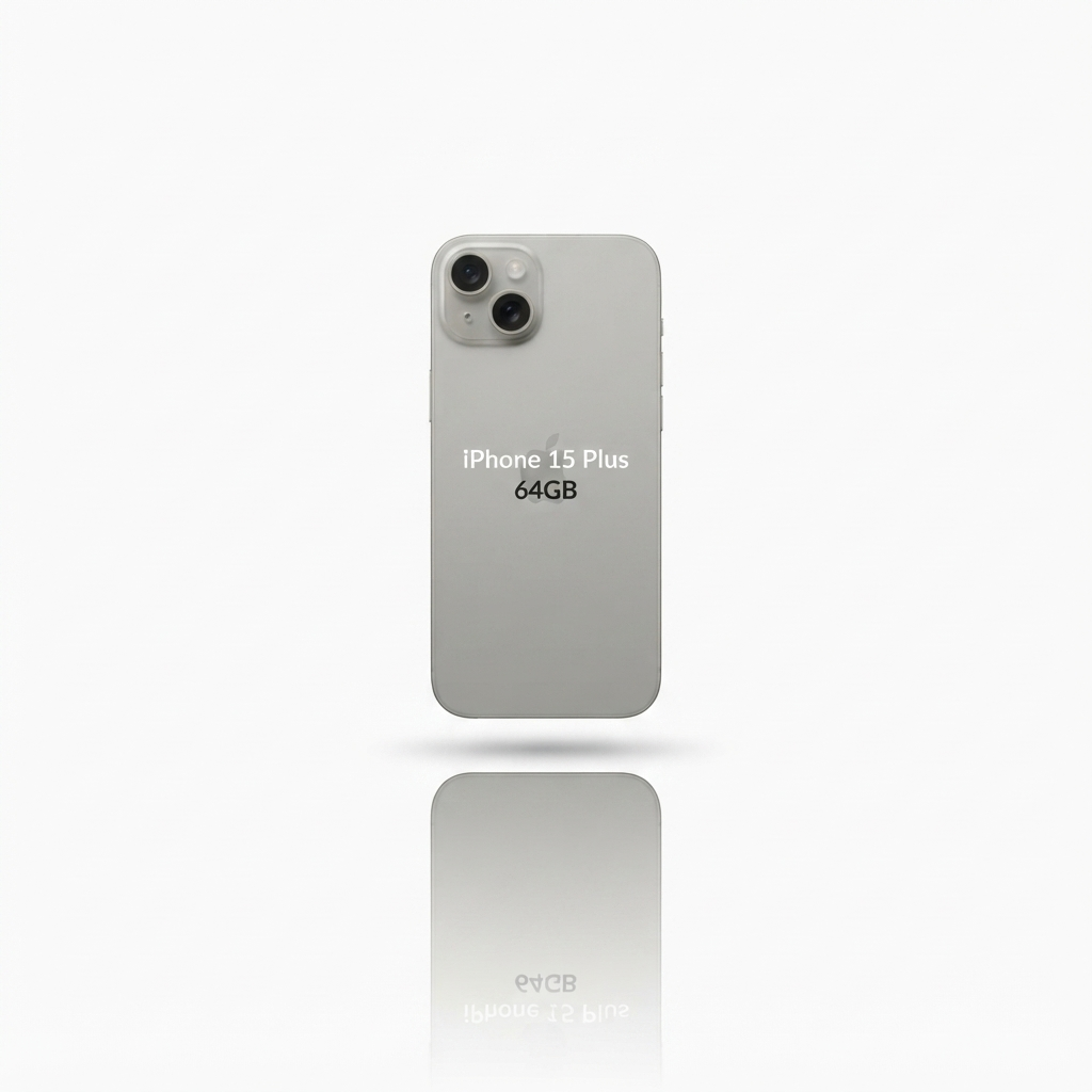 iPhone 15 Plus 64GB in Gold, showcasing its 6.1-inch screen and 50MP camera.