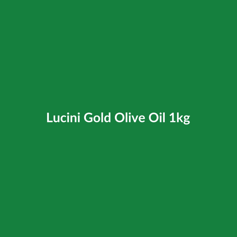 Bottle of Lucini Gold Olive Oil 1kg, highlighting its organic, vegan, and gluten-free qualities.