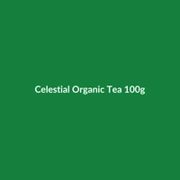 Celestial Organic Tea 100g package, featuring Japanese origin, vegan, and gluten-free certifications.