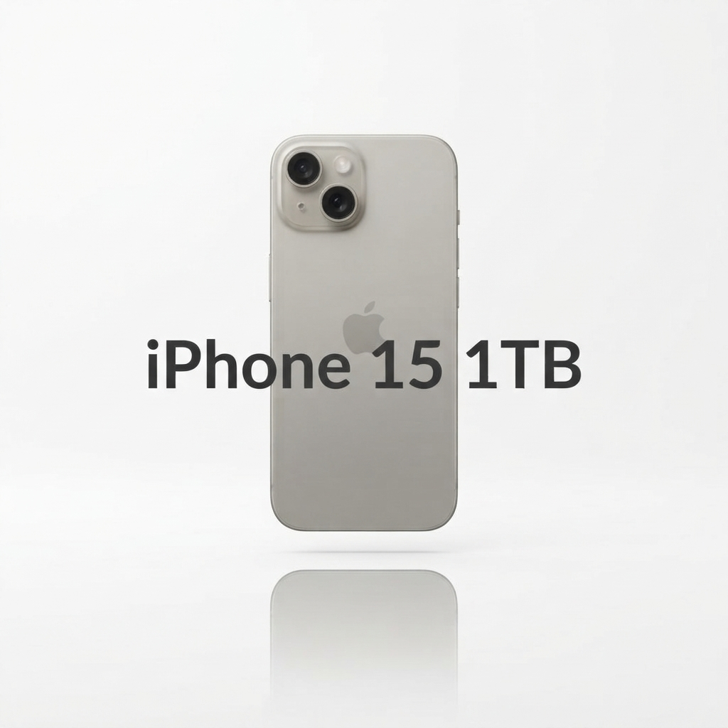 iPhone 15 1TB in Red and Natural Titanium colors, showcasing its large screen and camera.
