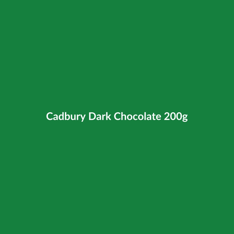 Cadbury Dark Chocolate bar, 200g package, showcasing the rich dark chocolate.