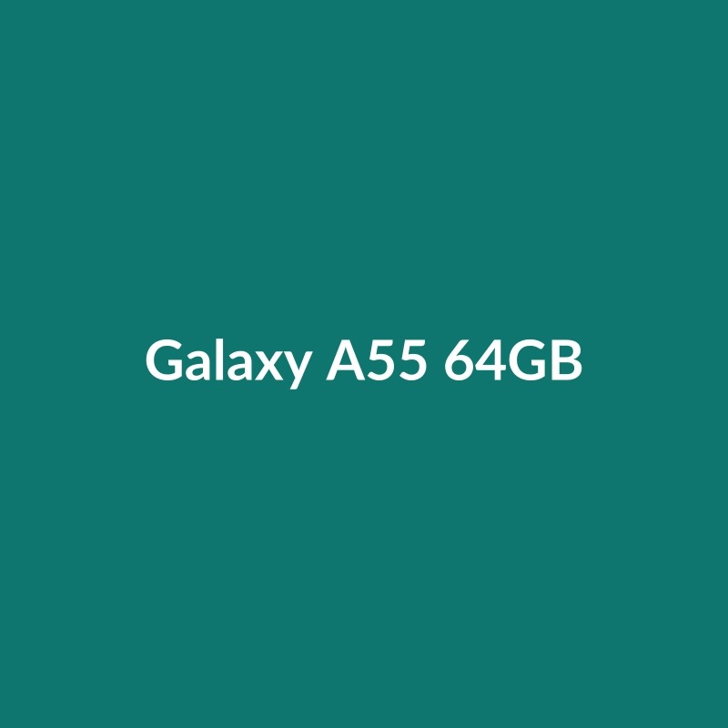 Samsung Galaxy A55 64GB smartphone in Black, Red, Natural Titanium, White, or Green with 48MP camera and 5G connectivity.