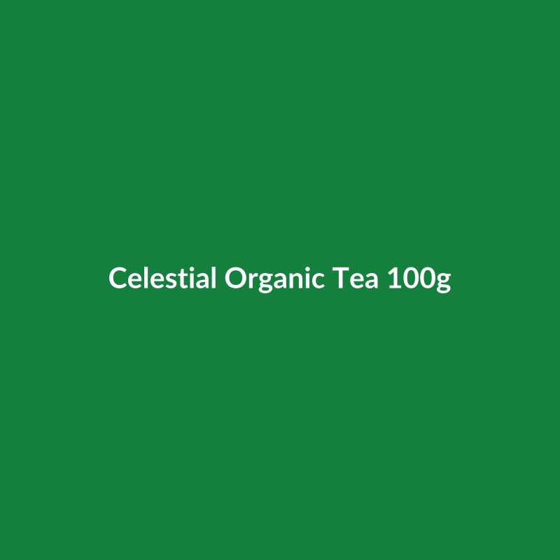 Celestial Organic Tea 100g package, featuring Japanese origin, vegan, and gluten-free certifications.