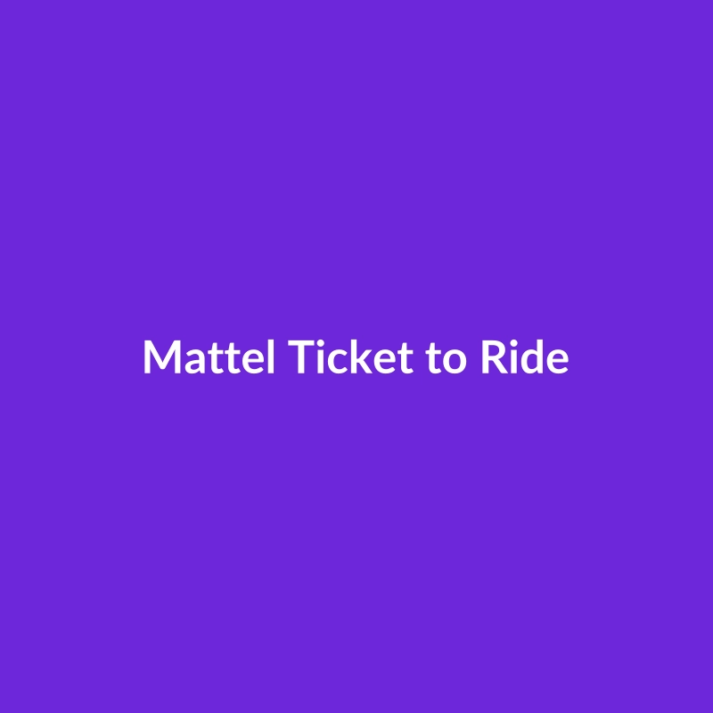 Mattel Ticket to Ride board game box, featuring colorful train cars and a map of North America.