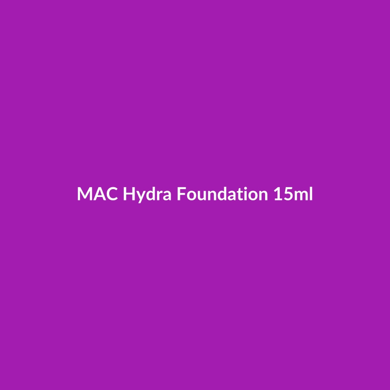 MAC Hydra Foundation 15ml bottle on a clean background, highlighting its suitability for dry skin and key ingredients.