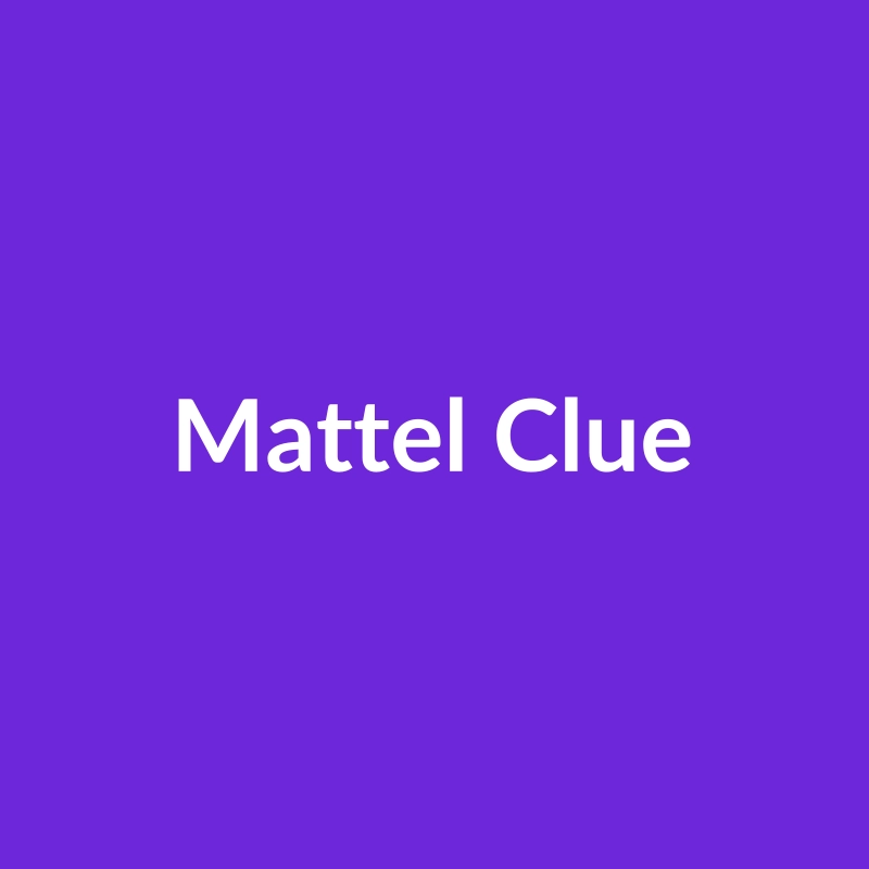 Mattel Clue board game box with game pieces and cards, featuring a classic mystery theme.