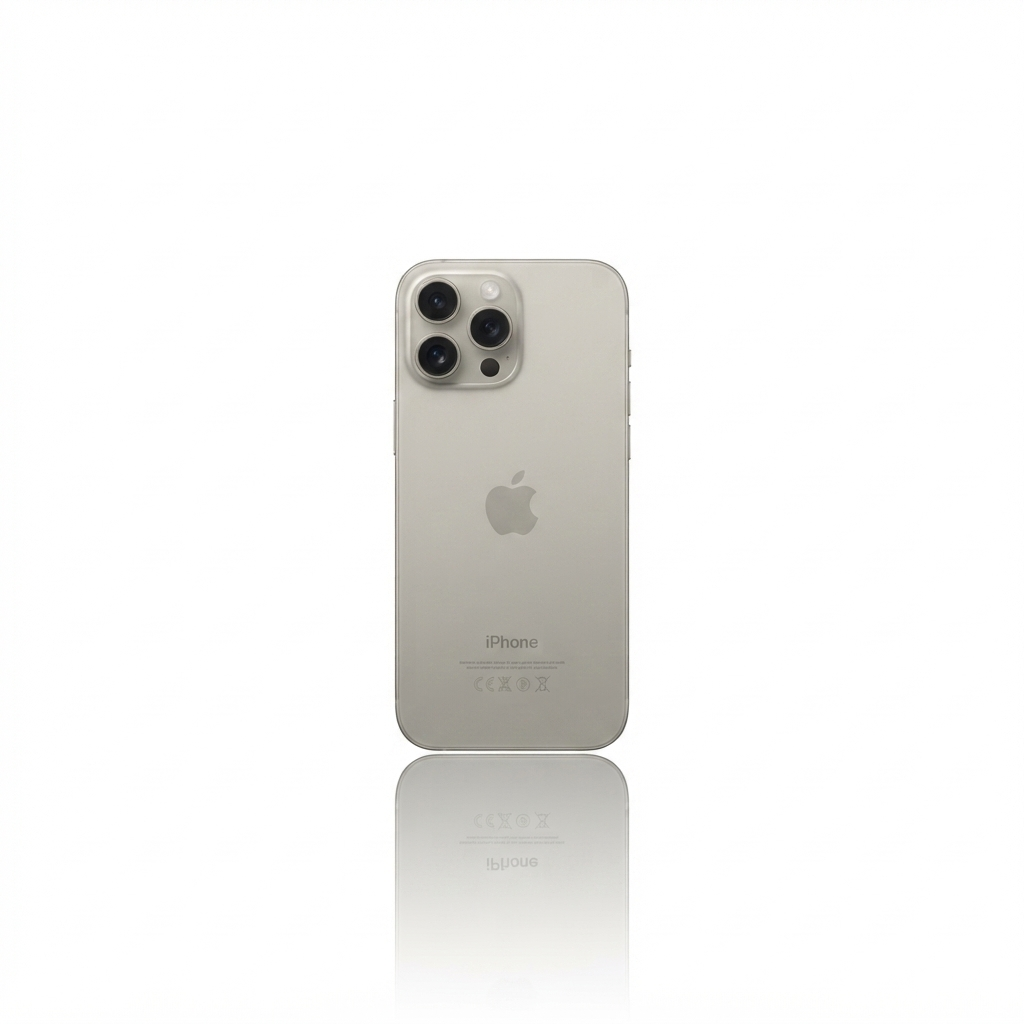 iPhone 15 Pro Max 128GB in Natural Titanium, showcasing its large foldable screen and camera system.