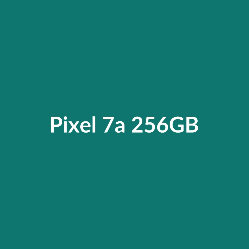 Google Pixel 7a 256GB smartphone in Red, Silver, Desert Titanium, and White colors with a free case.
