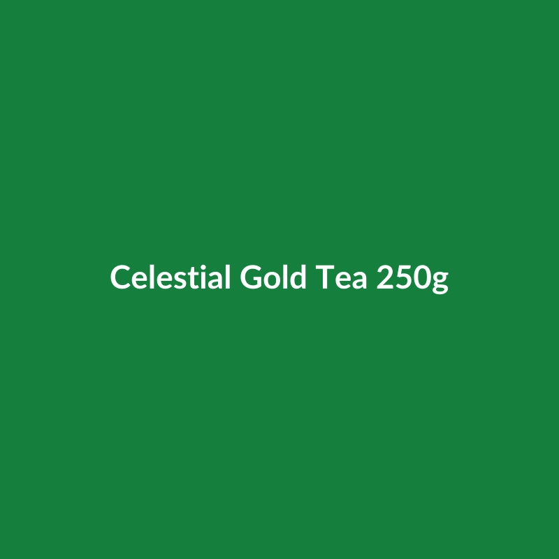 Celestial Gold Tea 250g package, featuring organic and gluten-free Indian tea leaves.